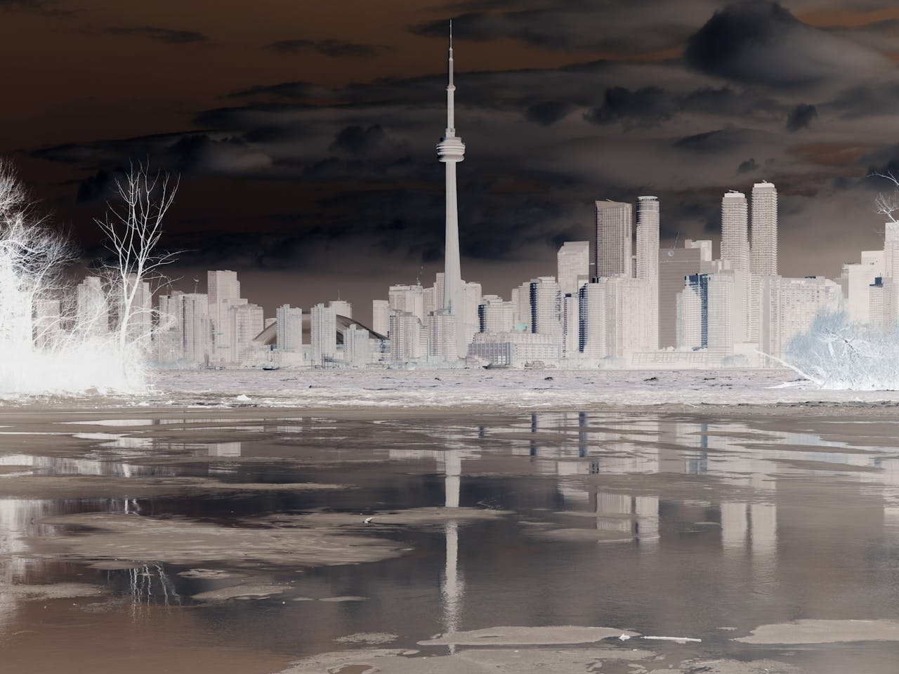 An abstract image of the Toronoto skyline, the colours have been inverted.