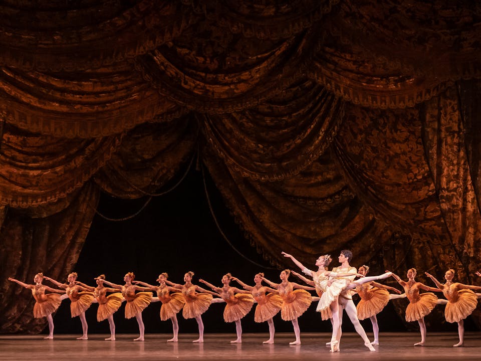 A group of Royal Ballet School dancers on the main stage of the Royal Opera House in synchronised formation, all wearing matching gold tutus, pose in a classic arabesque. The stage is framed by grand, ornate curtains in rich, warm tones, highlighting the elegance and grandeur of the performance.