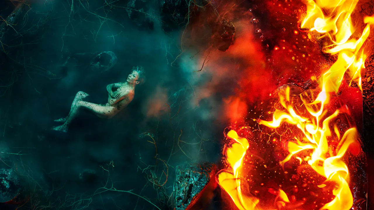 A surreal image divided into two contrasting halves - on the left, a nude figure representing Erda in Barrie Kosky's production of Wagner's Siegfried lies on the ground. She is covered in soil and curled in a fetal position in a misty, dark teal forest environment with scattered rocks and tangled roots; on the right, intense orange flames rage, consuming the space with bright fire and embers, creating a stark contrast between calm and chaos.