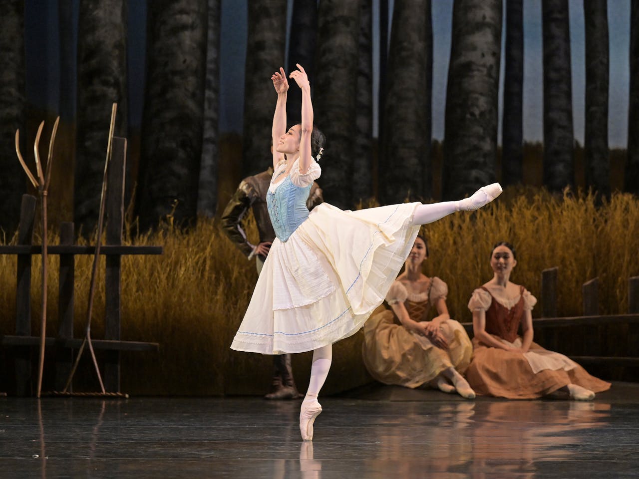 A ballet dancer from the National Ballet of Japan wears a rural-style dress with a pale yellow skirt and blue corset. She stands en pointe on her right leg with her left leg pointing behind her and both arms lifted above her head. Behind her sit two performers wearing similar dress. The stage is set to look like a farm with long grass, tall trees and a wooden fence. A rake and pitchfork are propped against the fence.