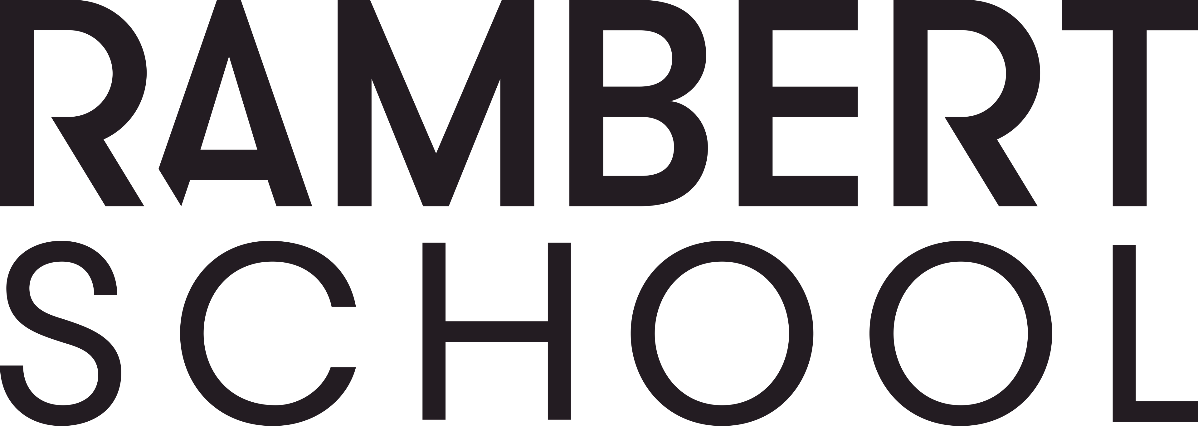 Black writing reading Rambert School in capital letters with Rambert above School. The A from Rambert is stylised to look like part of the letter sits behind the bottom of the R.