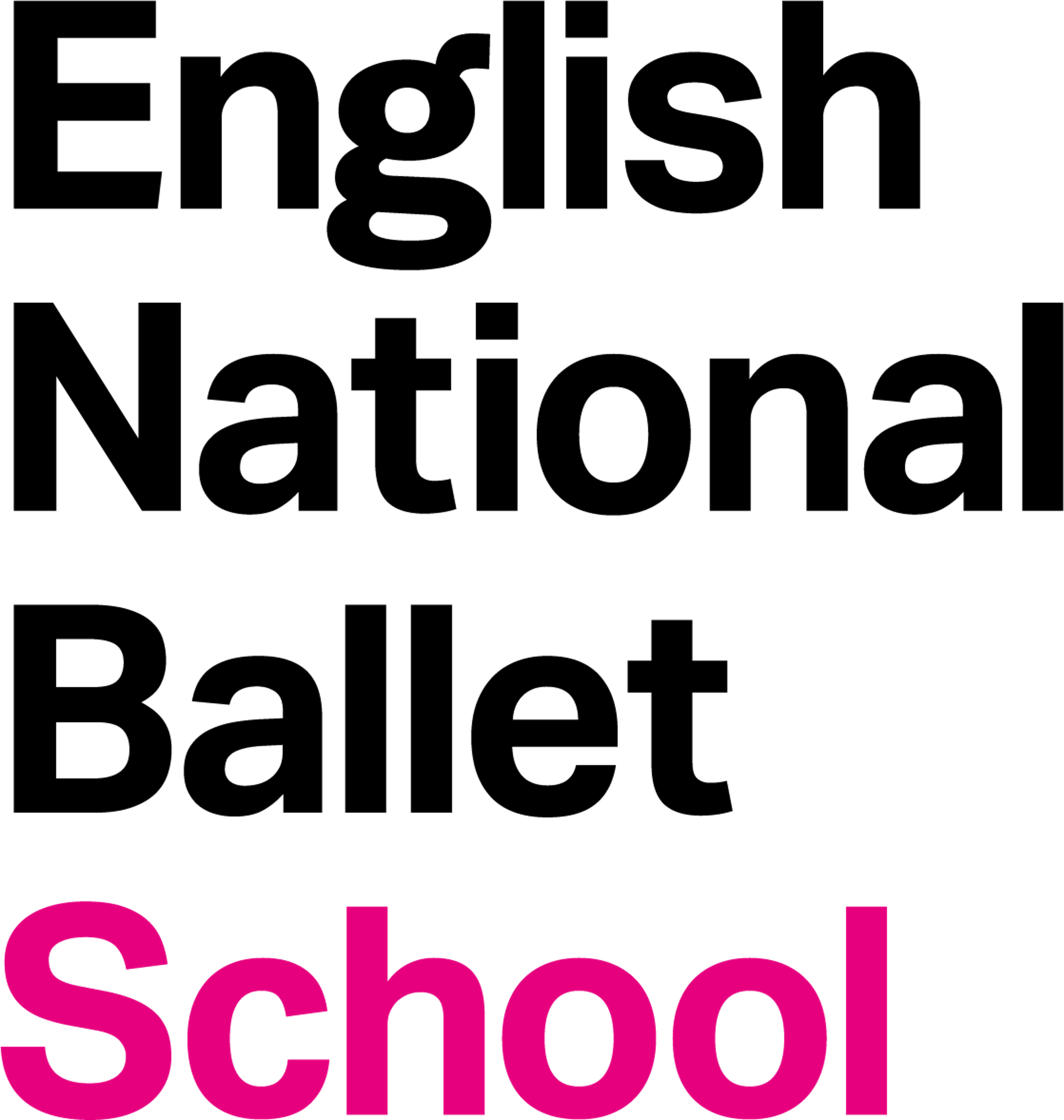 The words English National Ballet School on a white background. English National Ballet is in black and School is in bright pink. A logo for English National Ballet School. 
