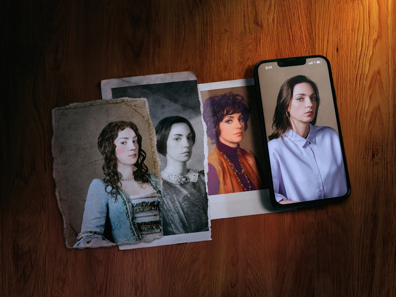A stylised image showing Emilia Marty, the protagonist of The Makropulos Case, represented across four different eras, suggesting she has lived for more than three hundred years. From left to right: a painted portrait of her in 18th-century attire with curled hair and a blue gown; a black-and-white 19th-century-style photograph with her in a lace-collared dress; a 1970s-style colour polaroid with her in a turtleneck and large hairdo; and a modern digital photograph displayed on a smartphone, showing her in a minimalist lavender shirt. All images are arranged on a wooden surface, evoking the passage of time.