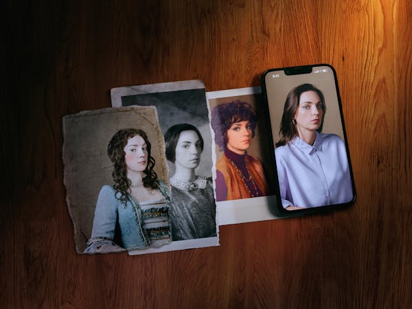 A flatlay on a light brown wooden surface of 4 images of the same person in different styles: the first is a painted style and they wear their long brown hair down, the second is a black and white photograph with their hair up, the third is a retor-style photograph with 70s brown tones and the fourth is an image of the same person on a smart phone screen.