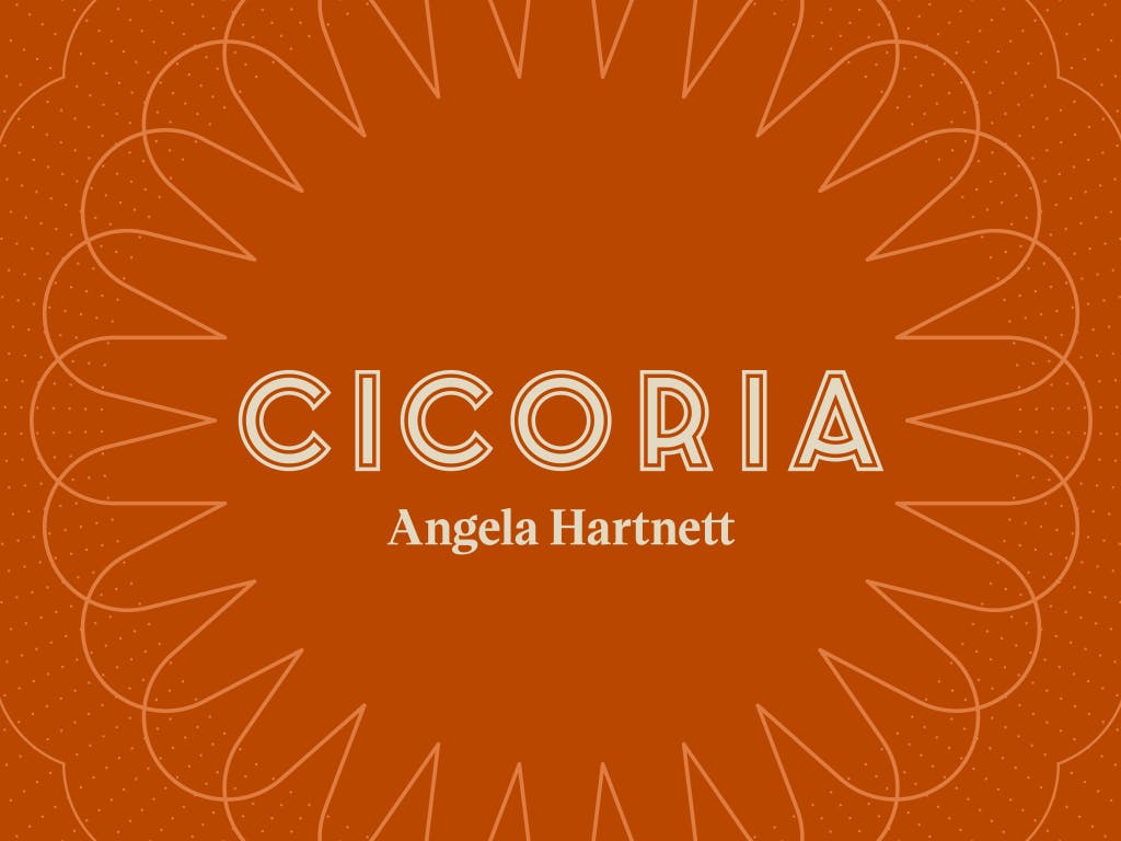 The words Cicoria and Angela Hartnett in white text on an orange background. They are surrounded by a white circular spiral design.