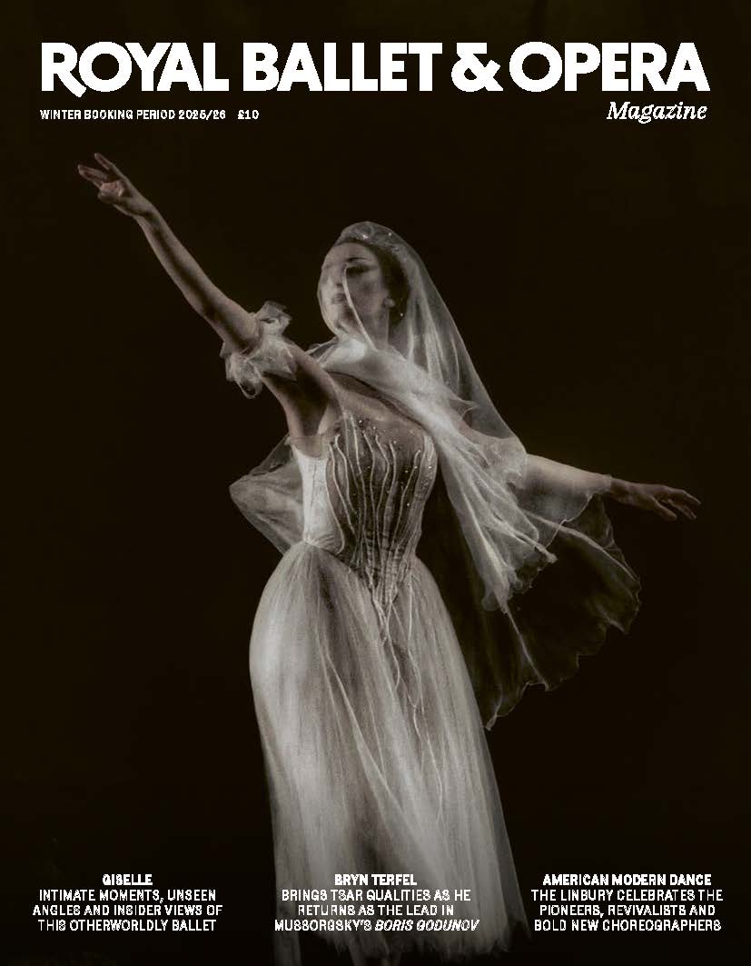 The front of a magazine. The text reads Royal Ballet and Opera (with ampersand) Magazine, winter booking period 25/26 £10. The bottom texts references several articles within the magazine. The image features a ballet dancer in a white floaty ghost-like wedding dress and veil holding their right arm upwards and forwards and their left arm behind them referencing the ballet Giselle.