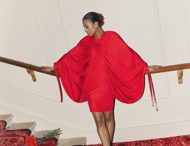 A woman in a red dress with big sleeves rests on a staircase. There are a bunch of red roses on a step to her left.