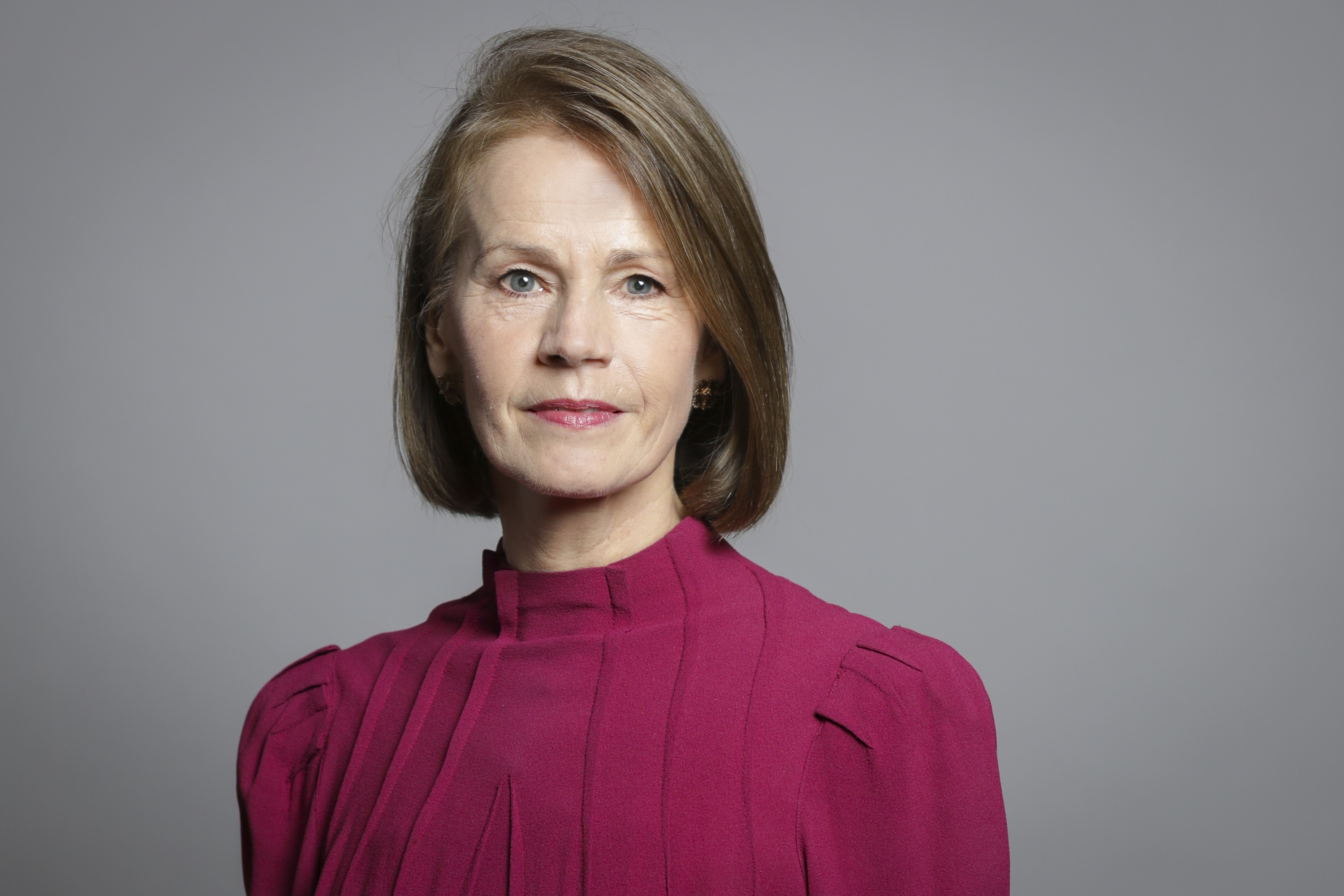A portrait of Baroness Deborah Bull CBE. She has short brown hair and is wearing a dark pink blouse. She is standing against a grey background.