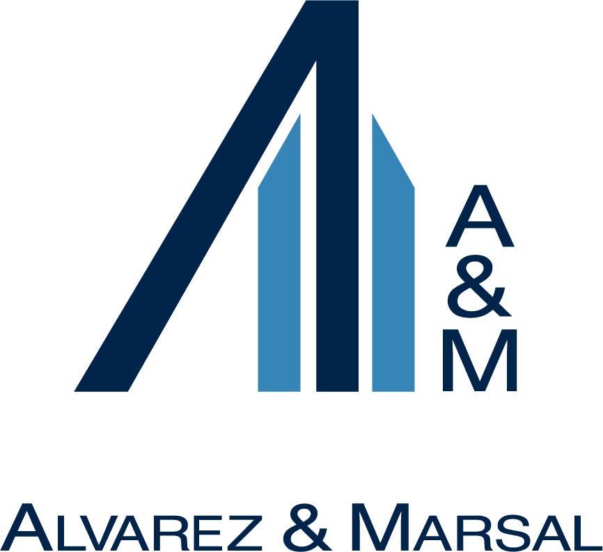Alvarez & Marsal company logo. A navy blue triangle sits on top of two sky blue pillars with the initials A&M to the right.