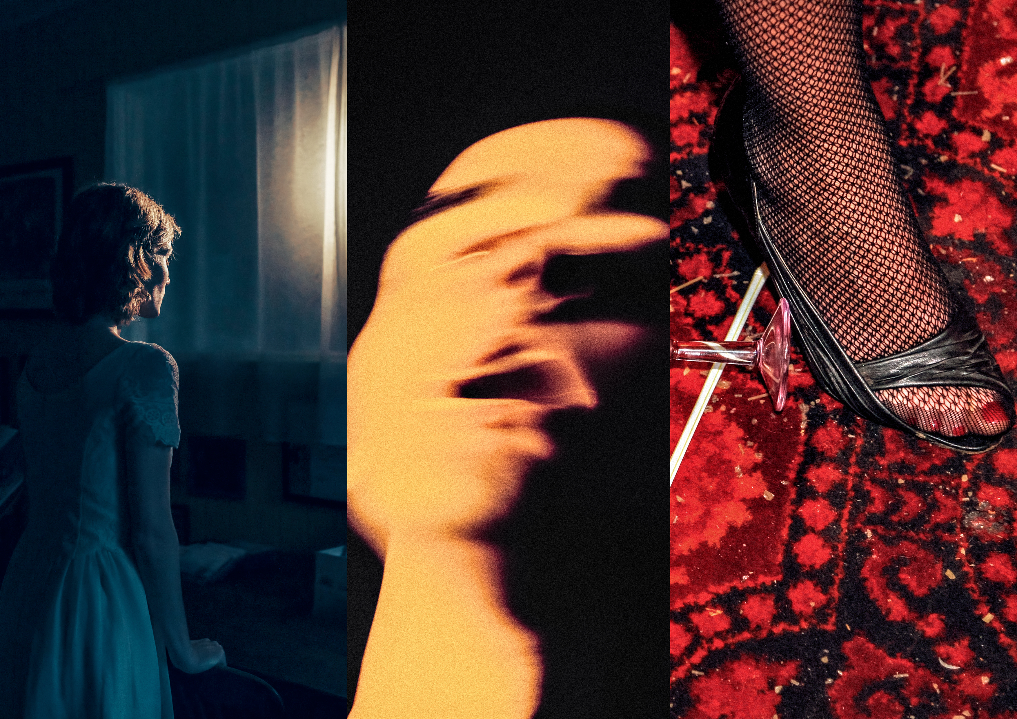 three images split into one frame - the first image is of a person wearing a blue dress looking out at the window, the second is a blurred closeup of a face and the third image is of a foot in fishnet stockings and black high heels on a red decorative carpet with a dagger to the side