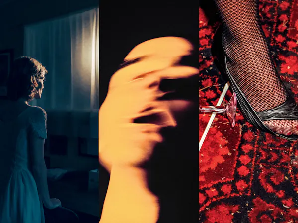 three images split into one frame - the first image is of a person wearing a blue dress looking out at the window, the second is a blurred closeup of a face and the third image is of a foot in fishnet stockings and black high heels on a red decorative carpet with a dagger to the side