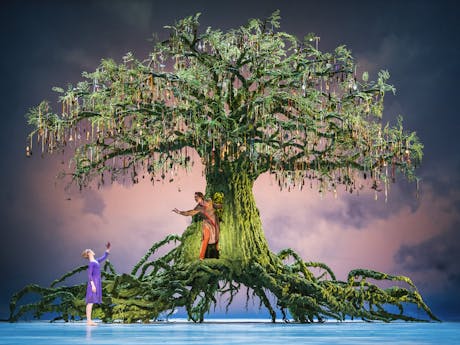 The Royal Ballet performing Winter's Tale at the Royal Opera House. A tall tree covered in green moss is decorated with hanging medallions. The sprawling roots reach across the stage. A blonde dancer in a purple dress holds her hand to a dancer in brown. The dancer is disappearing into a door in the trunk of the tree. 