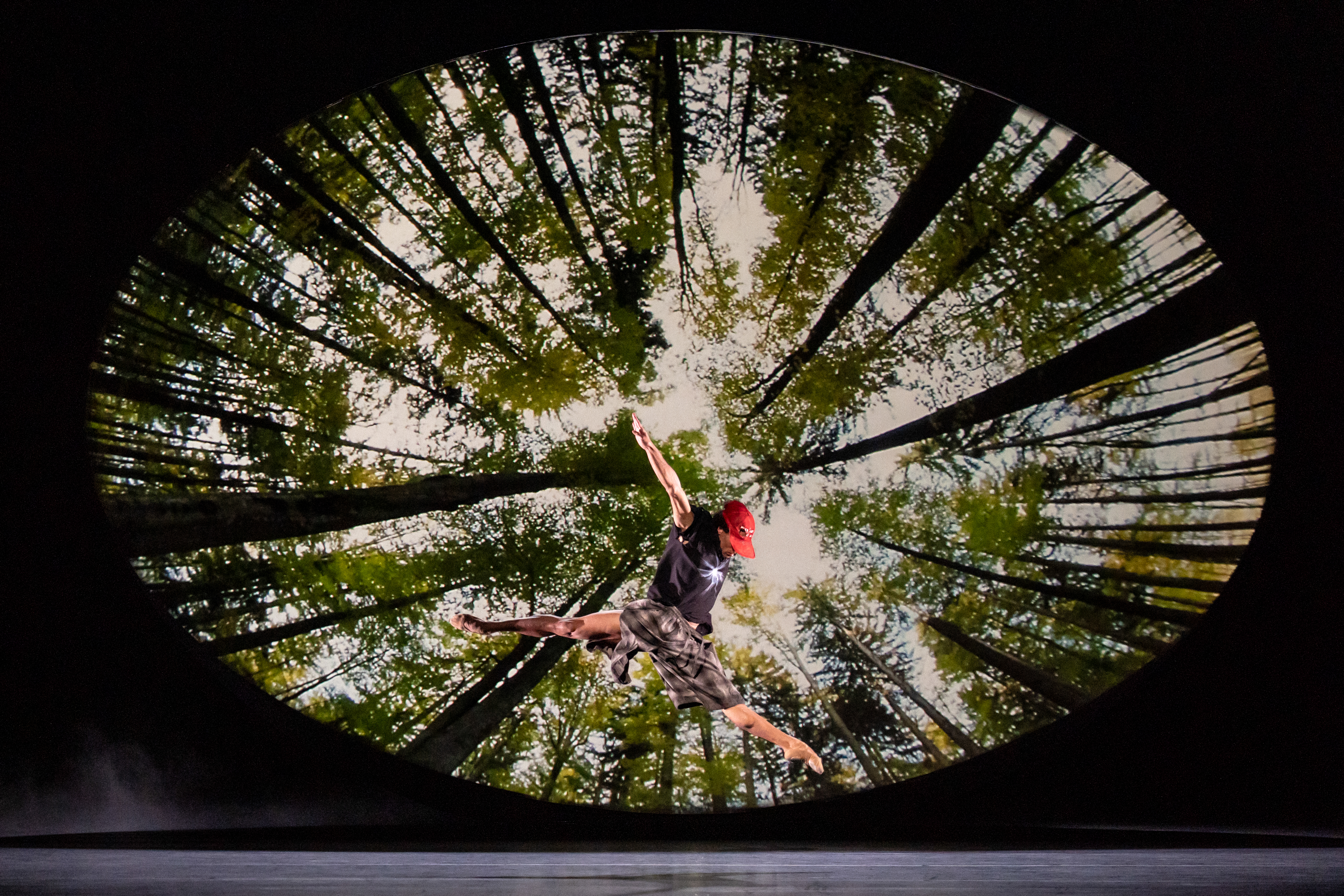 A ballet dancer wearing check patterned shorts launches themselves in to the air. They are performing in front of a dark backdrop with an image of a fish-eye lens view of a forest from below. (2 of 7)
