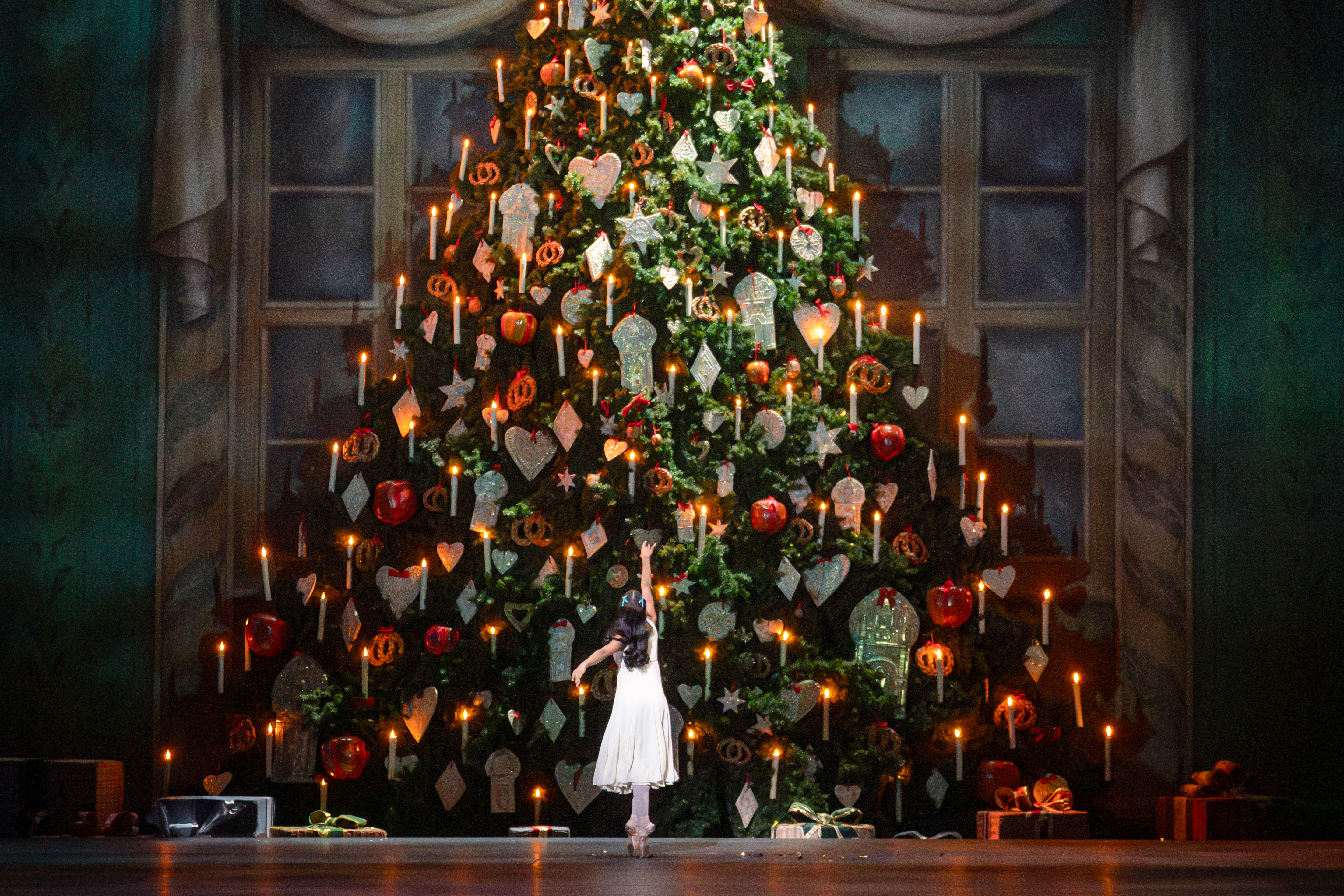 A ballet dancer wearing a white dress stands with their back to the audience looking up at an enormously, luxuriously dressed Christmas tree with presents below that sits in front of a backdrop painted as large dressed windows. It is a scene from The Royal Ballet's production of The Nutcracker. (5 of 10)