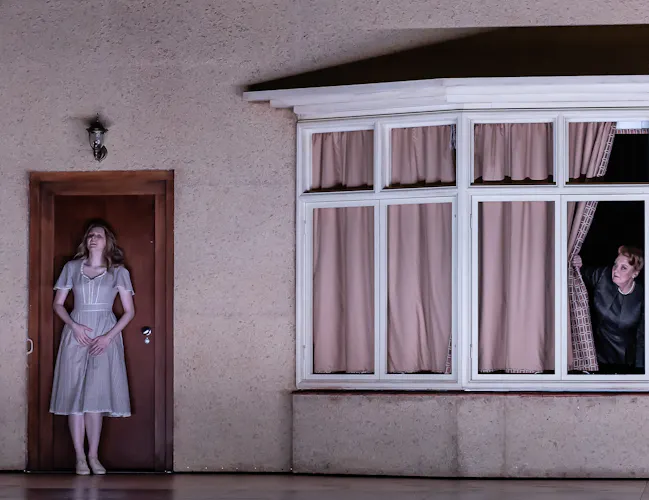 A performer stands outside the front door of a house on stage. Another performer peeps from the curtains from inside the house. (3 of 7)