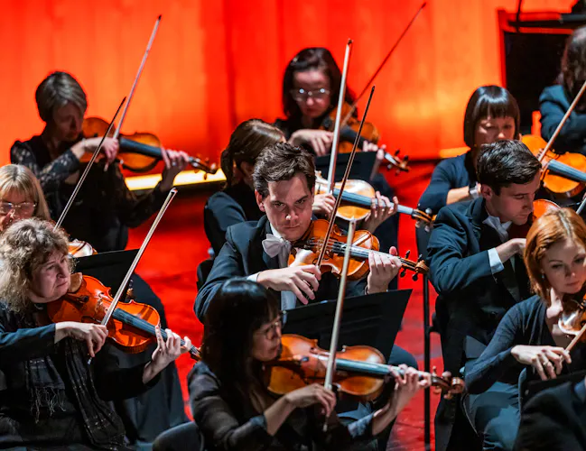 A group of violinists perform with their violinists on a brightly lit stage. (2 of 4)