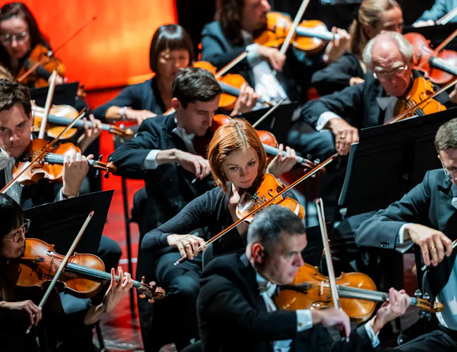 A group of violinists perform with their violinists on a brightly lit stage. (4 of 4)