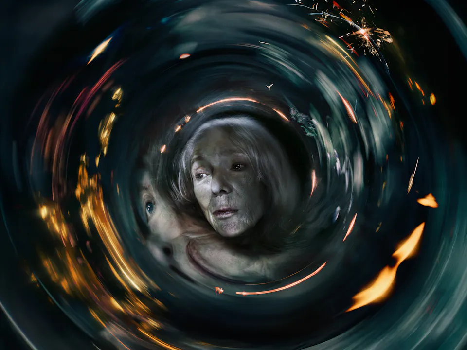 An elderly woman representing Erda in Barrie Kosky’s Götterdämmerung is at the centre of the frame. The woman’s expression is somber, she has pale skin and grey hair and is seen through a swirling, surreal, tunnel-like vortex. The scene is distorted as if viewed through spinning glass, with streaks of light, sparks, and warm glowing fragments spiralling around her.