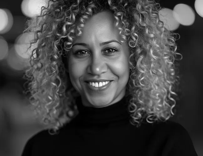 Karen Palmer headshot – a woman with curly hair and wearing a black rollneck jumper (11 of 14)
