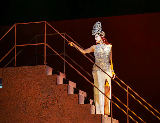 A woman in a glittering dress stands on a flight of rusty iron stairs. She is wearing a large, glittering headdress. (2 of 6)