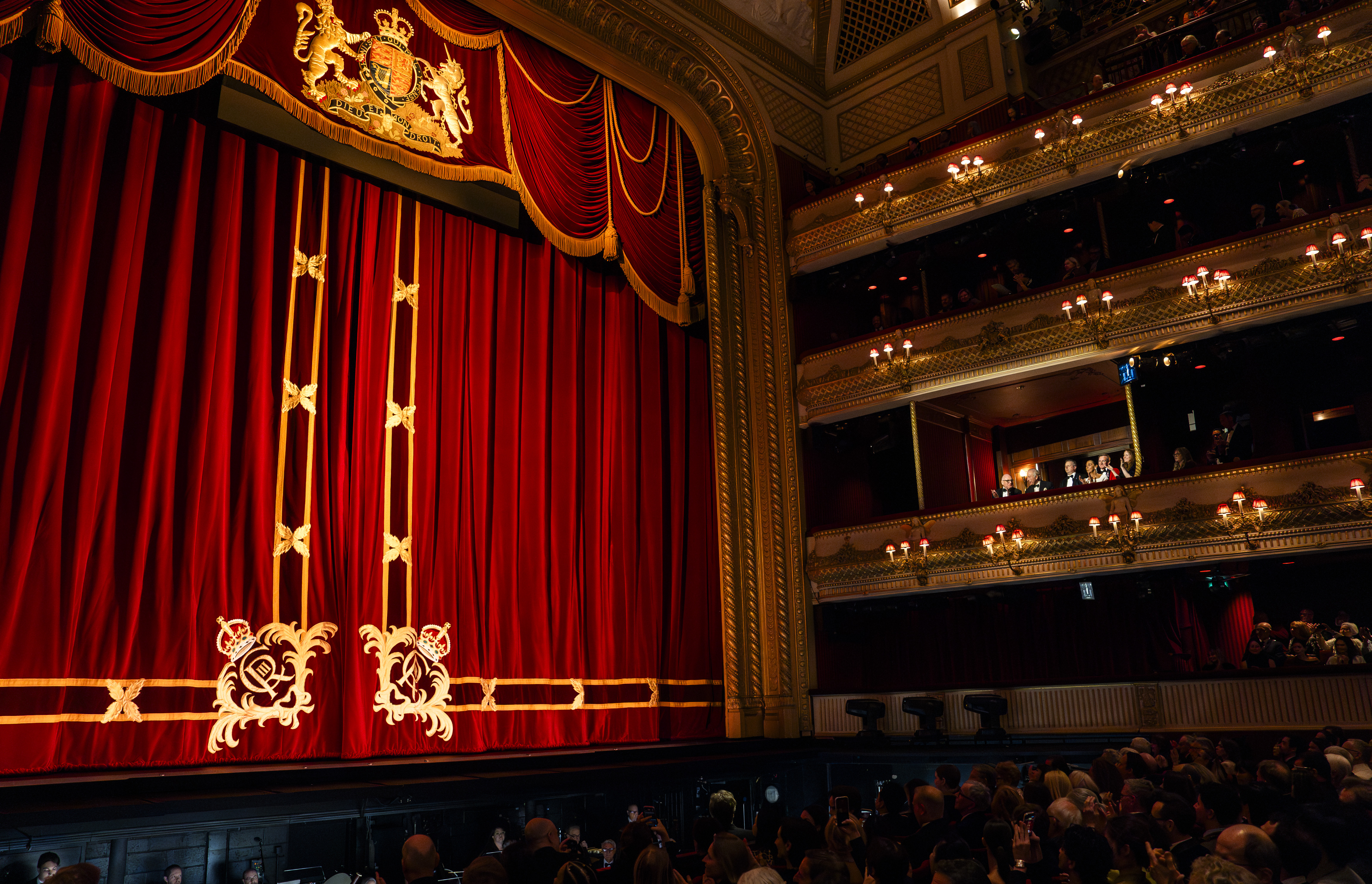 The Royal Opera House main stage with new King Charles III curtains