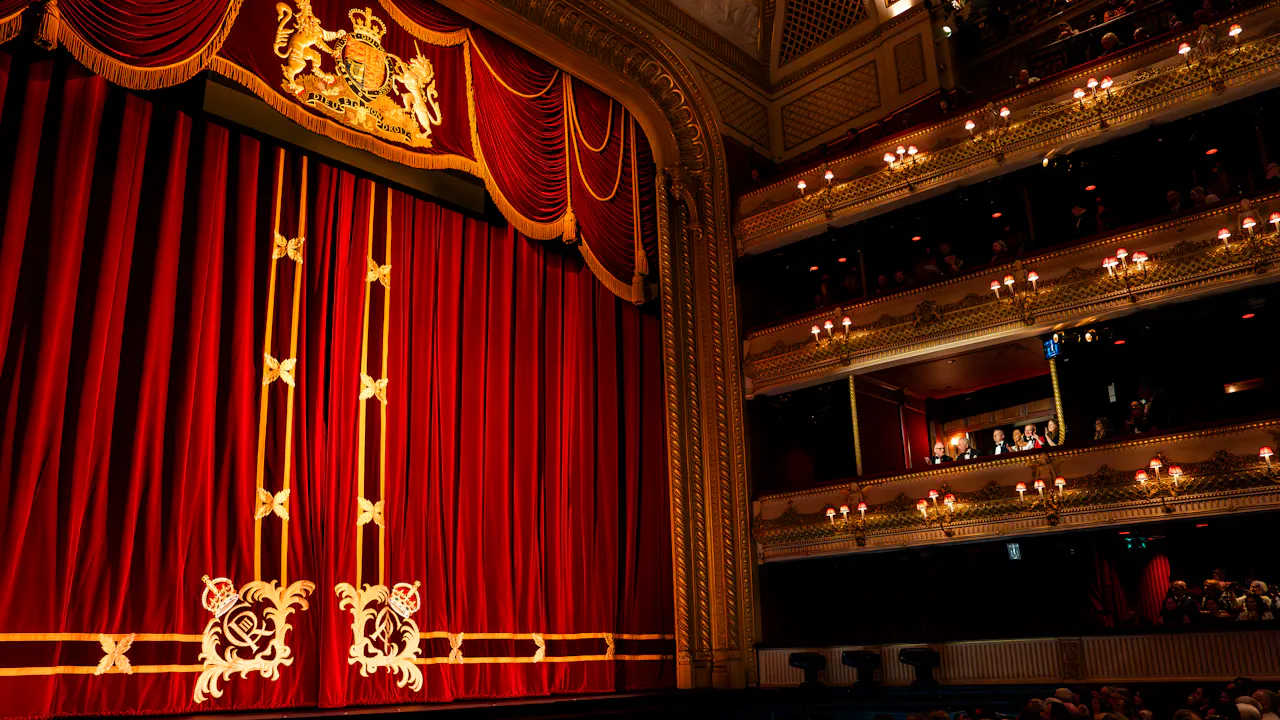 The Royal Opera House main stage with new King Charles III curtains