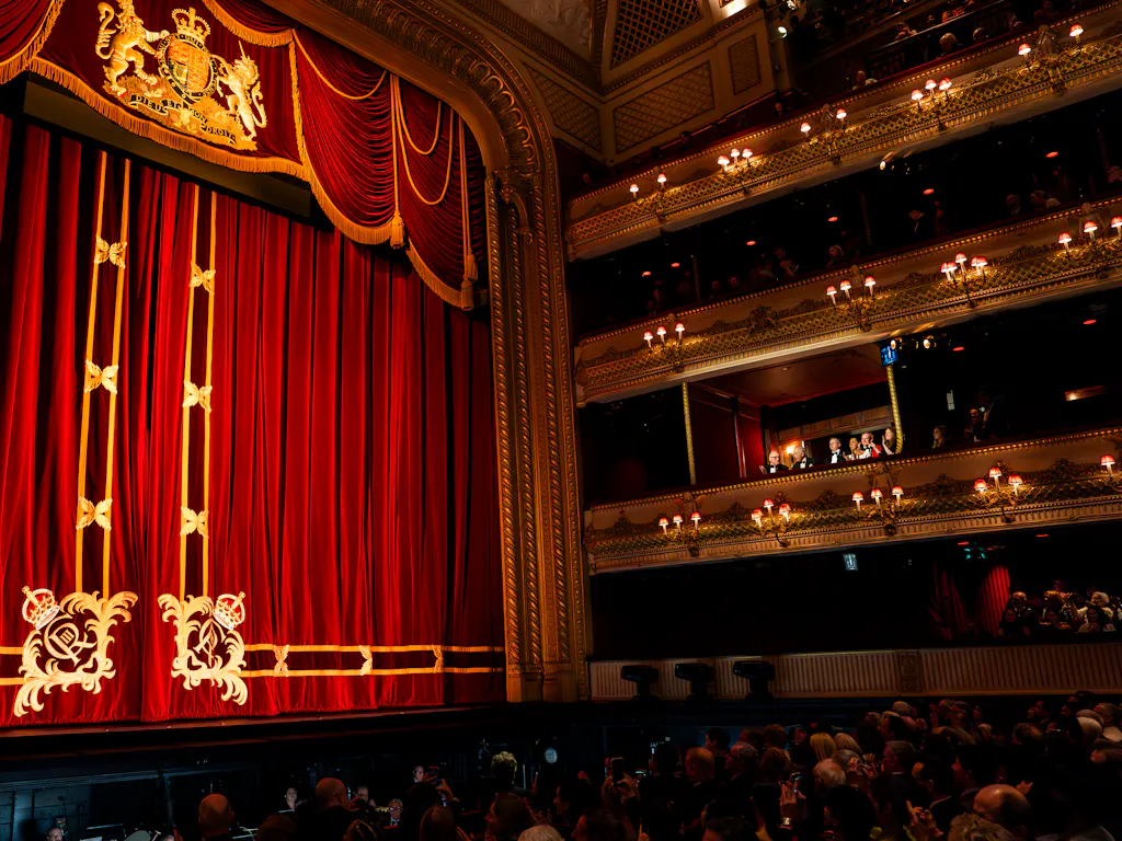 The Royal Opera House main stage with new King Charles III curtains