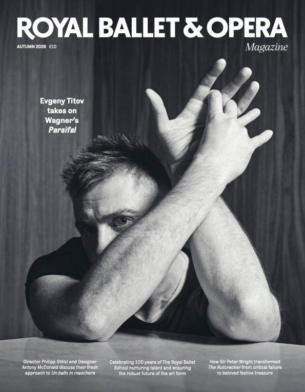 A black and white magazine cover for Royal Ballet and Opera Magazine which features a black and white photograph of a person in a black tshirt crossing their arms across their body and above their head.