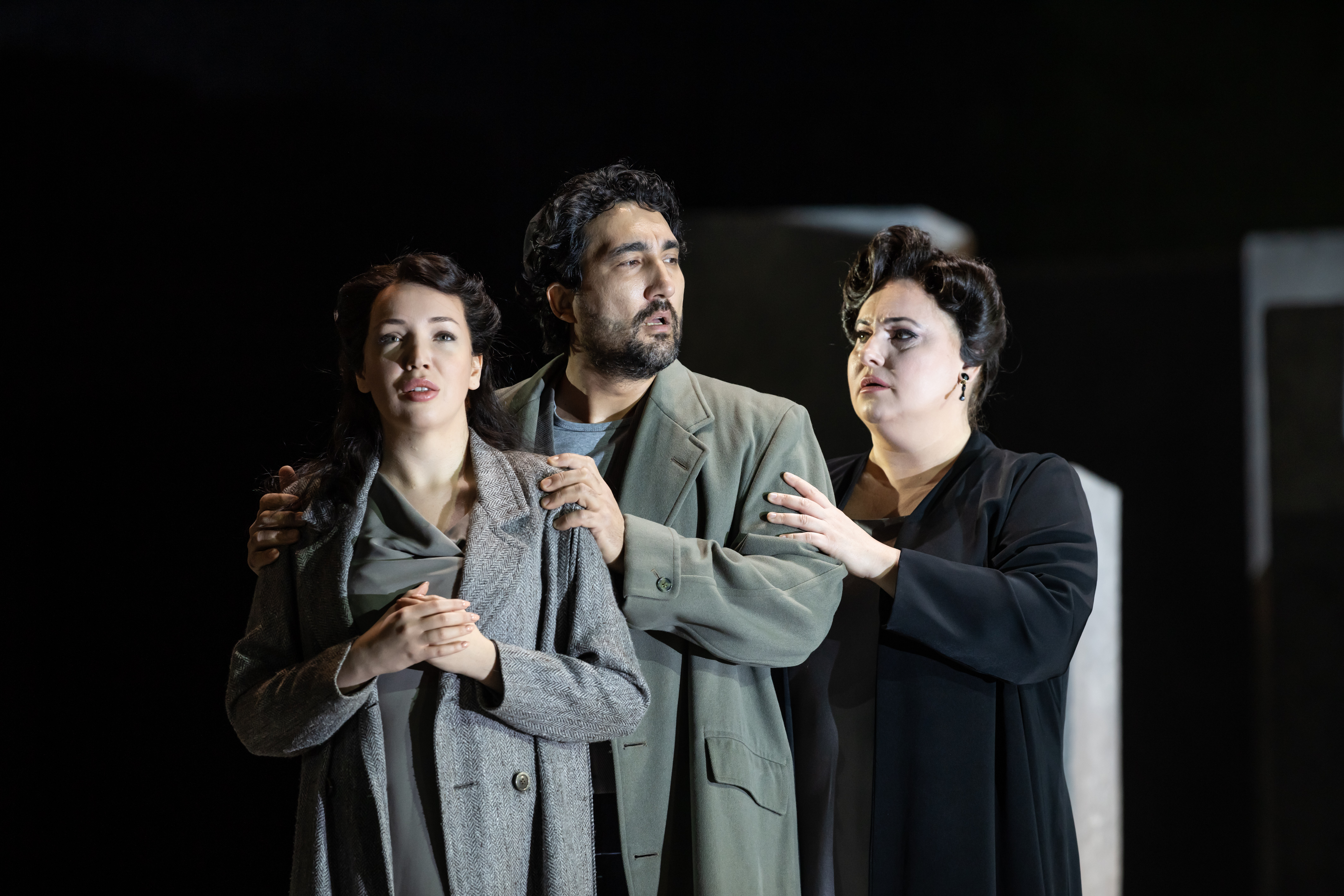 Vasilisa Berzhanskaya, Najmiddin Mavlyanov and Liudmyla Monastyrska in Nabucco ©2021 ROH. Photograph by Bill Cooper