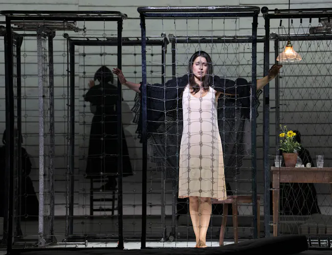 A woman in a white dress stands in a cage.