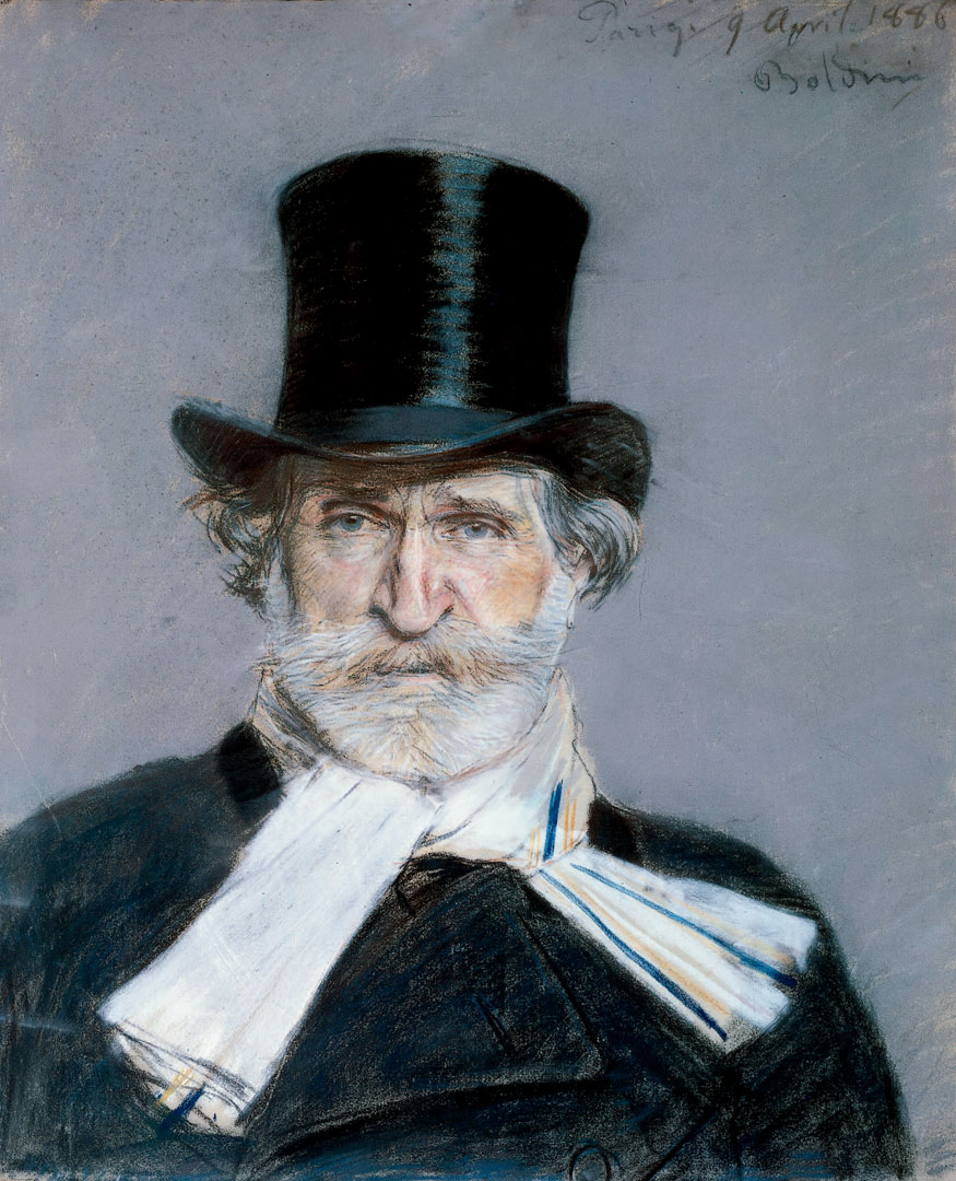 A drawn portrait of composer Verdi by Giovanni Boldini.