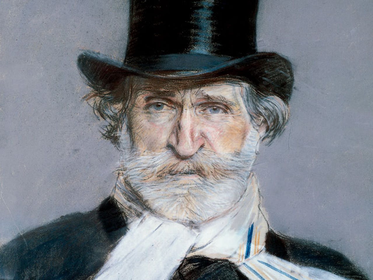 A drawn portrait of composer Verdi by Giovanni Boldini.