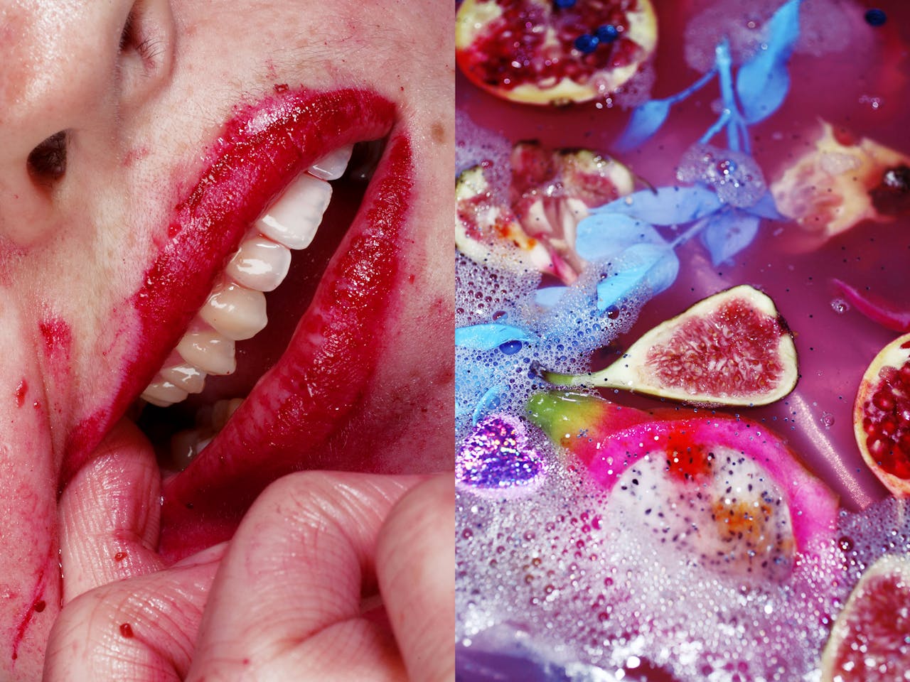 A split image: on the left hand side a person puts a finger into a mouth with smeared lipstick. On the right hand side colourful tropical fruits float in pink soapy water. 