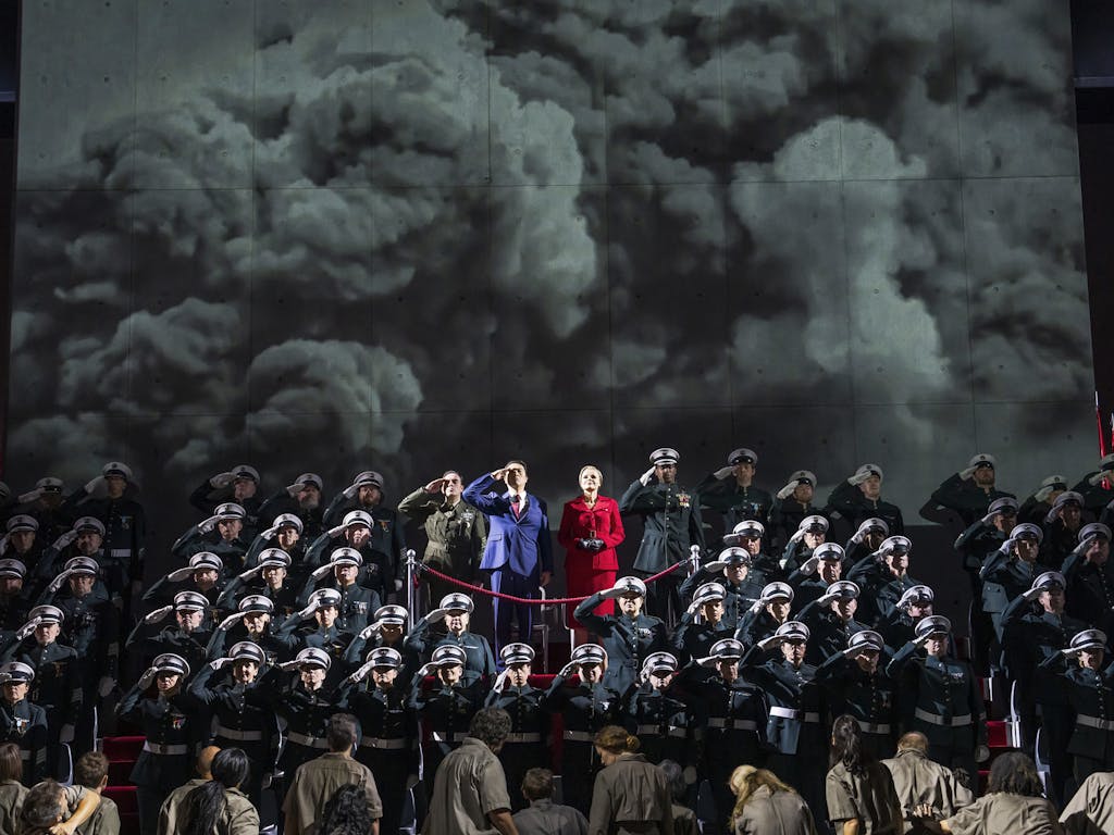 Artists of the Royal Opera onstage in a performance of Aida.