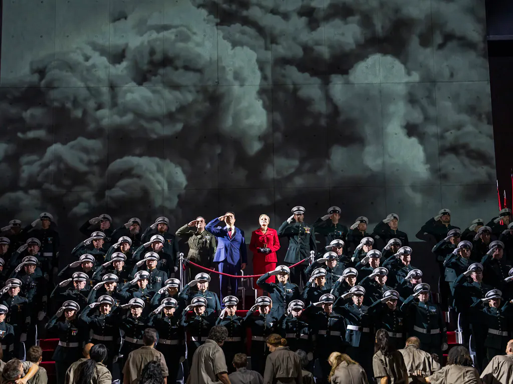 Artists of the Royal Opera onstage in a performance of Aida.