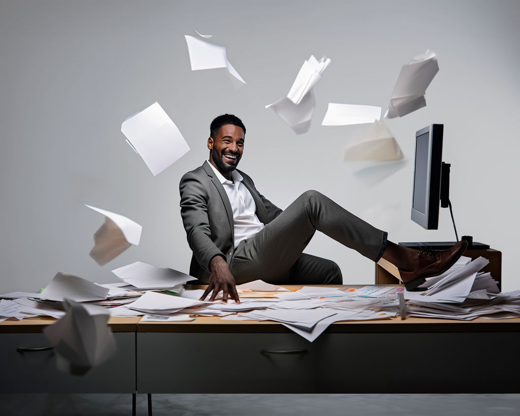 Een lachende man zit met zijn been op een bureau met computer. Om hem heen vliegen diverse paperassen.