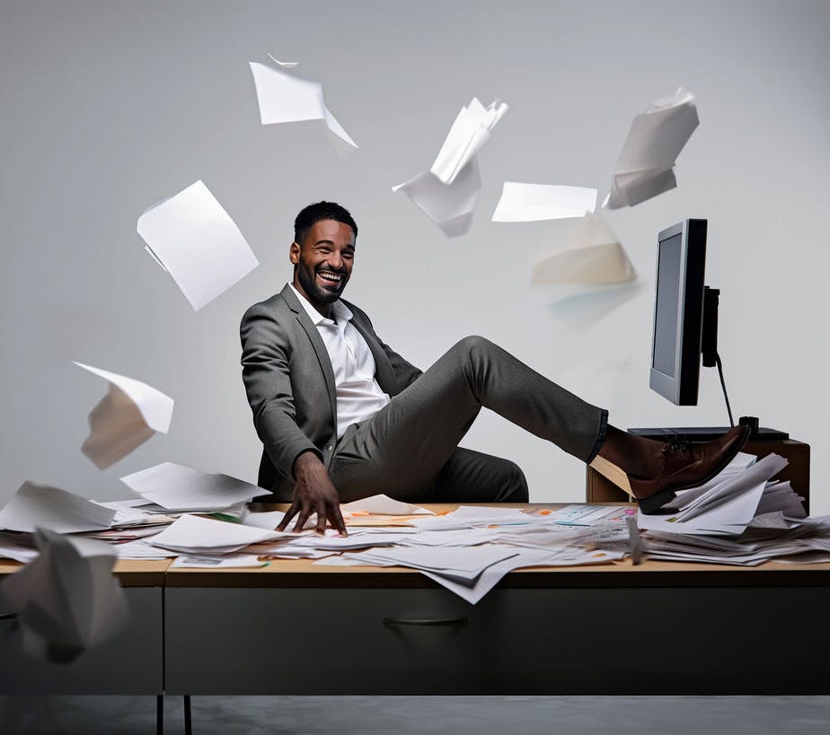 Een lachende man zit met zijn been op een bureau met computer. Om hem heen vliegen diverse paperassen.