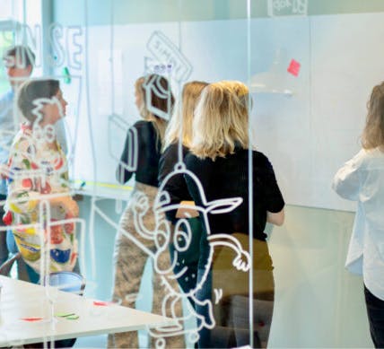 Een groep mensen in een brainstormsessie met post-it briefjes en een groot whiteboard.