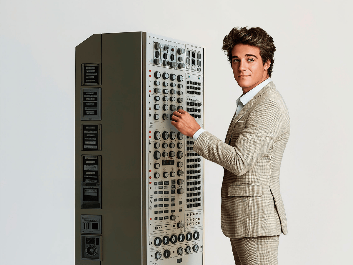 Een persoon in een pak staat naast een ouderwetse switchboard