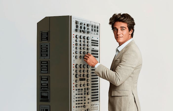 Een persoon in een pak staat naast een ouderwetse switchboard