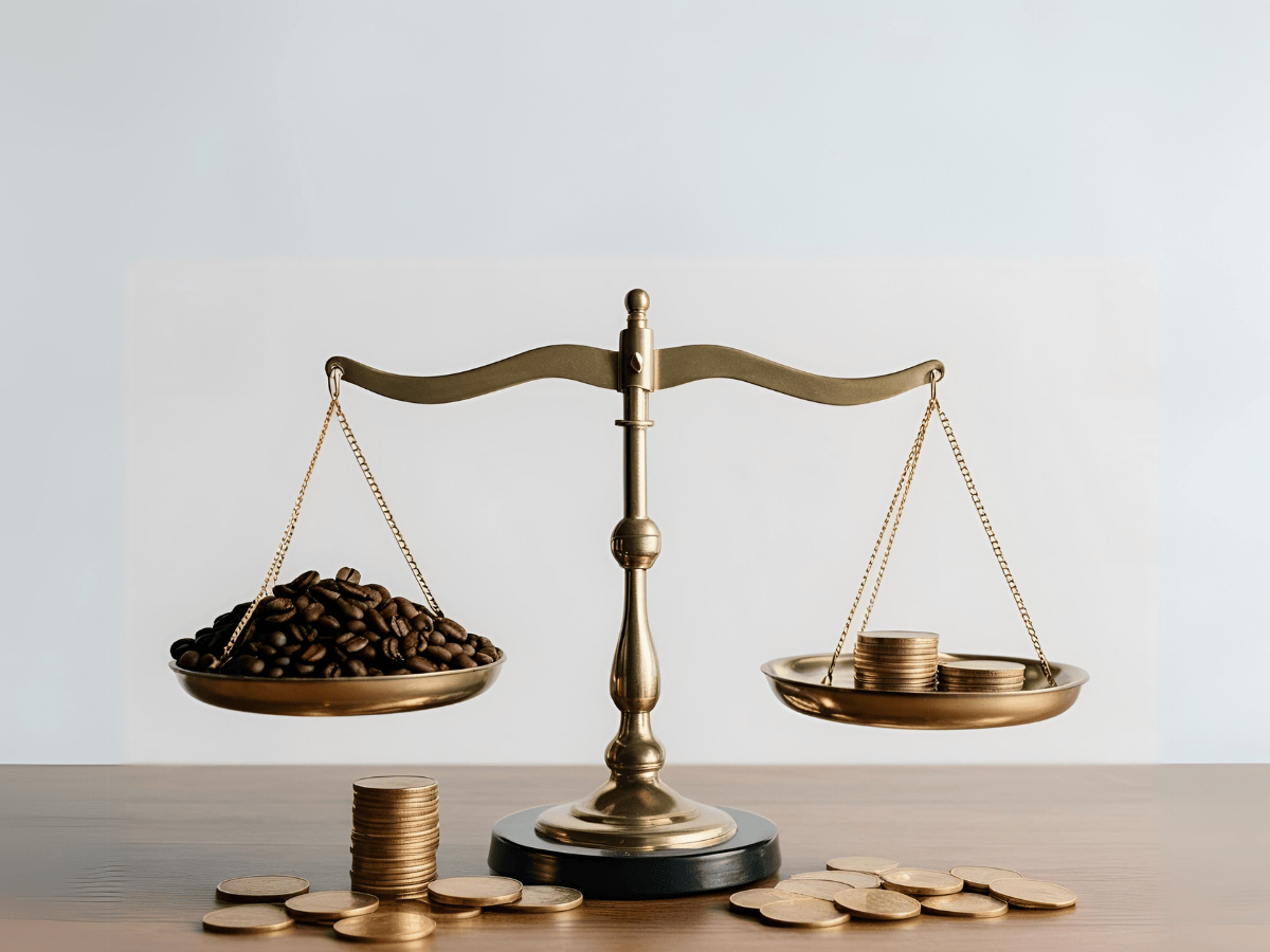 Koffiebonen en munten op een weegschaal