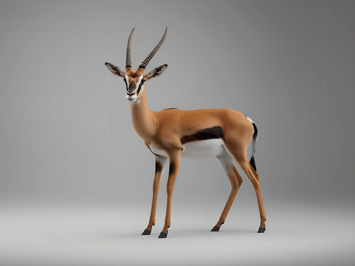 Een gazelle staat voor een grijze achtergrond.