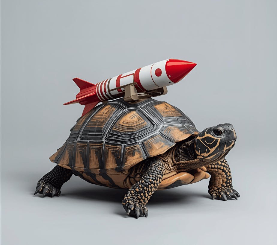 Een schildpad met een raket erop
