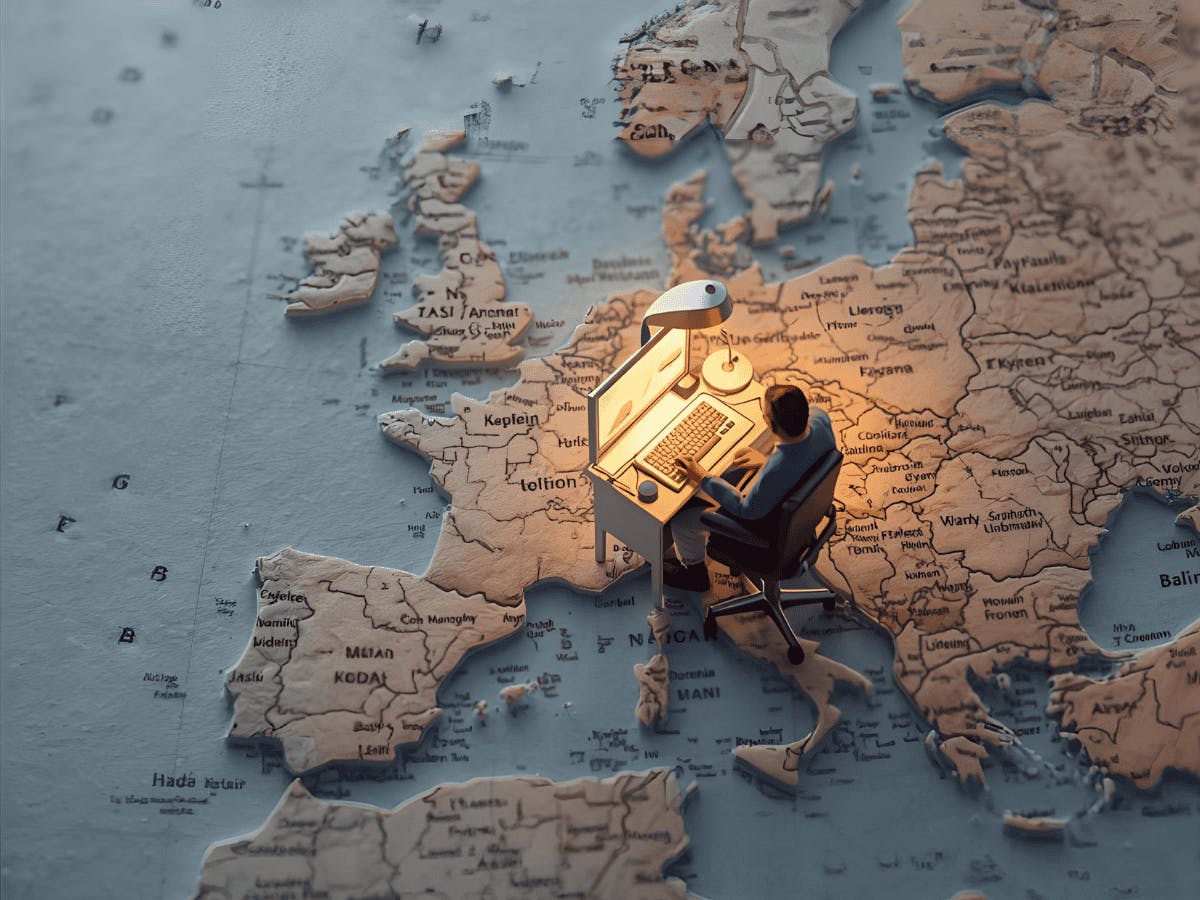 Een miniatuurmensje zit aan een bureau bovenop een kaart van Europa
