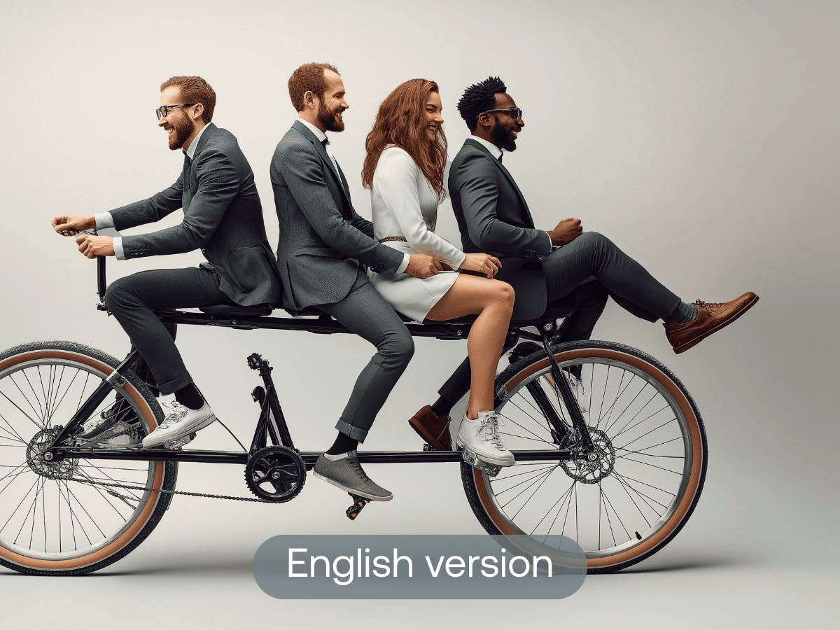 Four people in business attire riding a tandem bicycle.