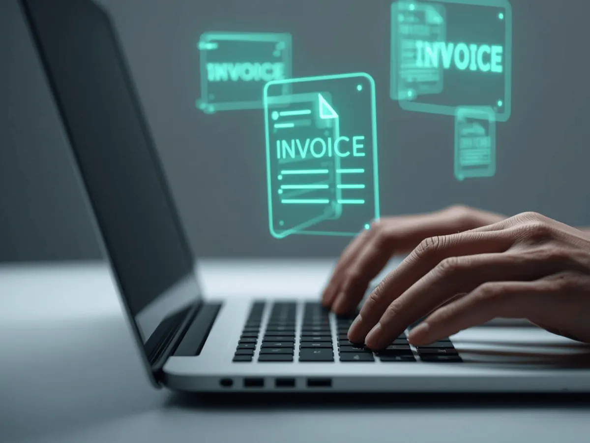 Hands typing on a laptop keyboard with glowing holographic "invoice" documents floating above.