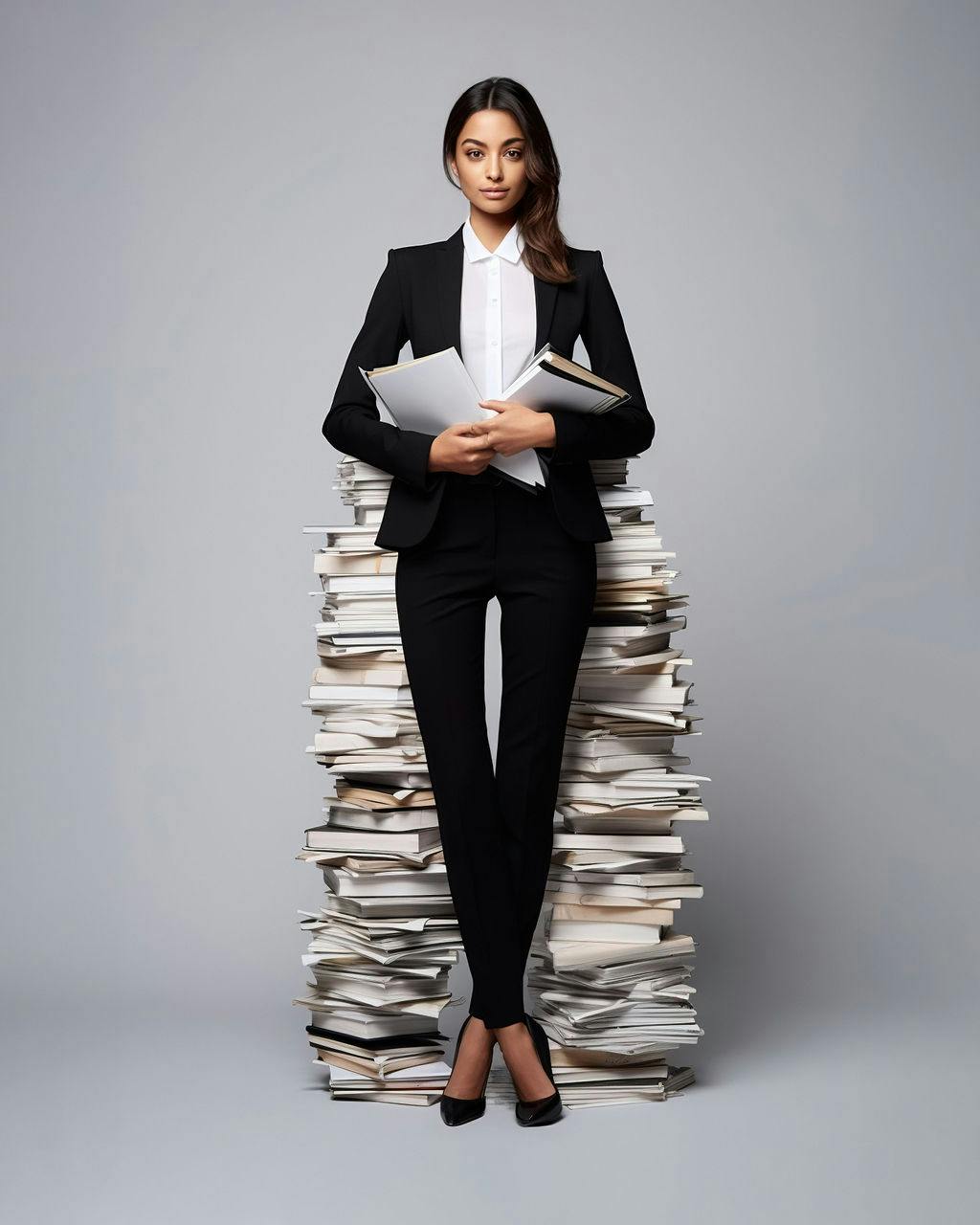 Een vrouw in zwart pak en hakschoenen houdt meerdere documenten vast en staat voor twee grote stapels met boeken en paperassen.