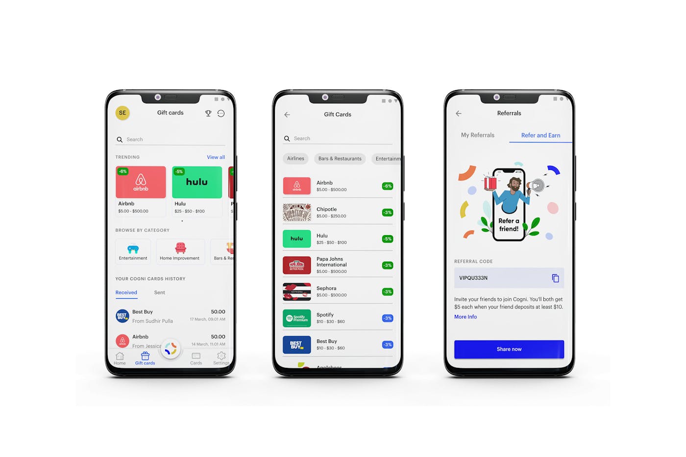 Cogni app Gift Cards and Referrals