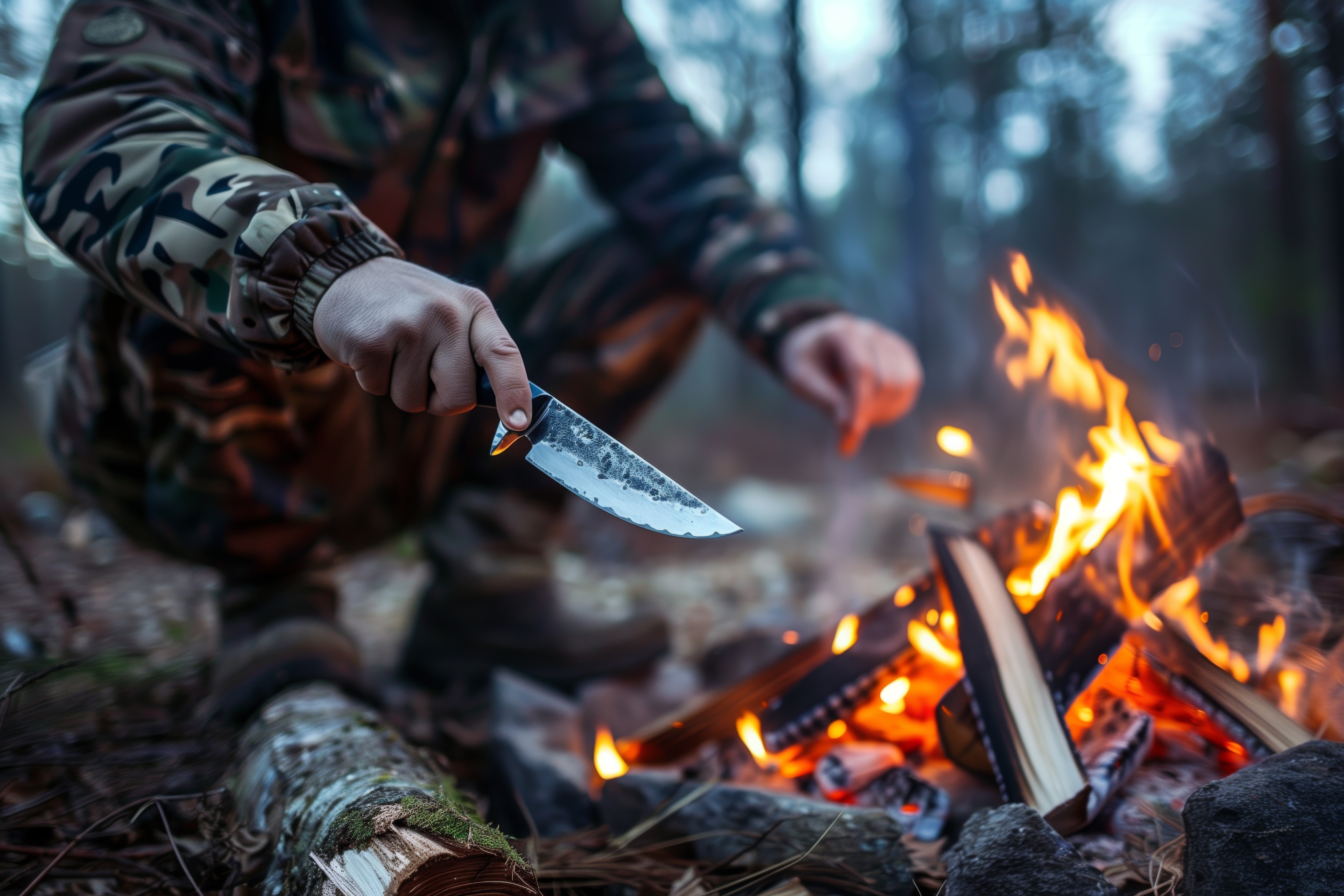 Person in camouflage clothing using a knife near a campfire in a forest.