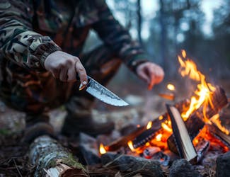 Person in camouflage clothing using a knife near a campfire in a forest.